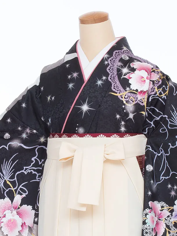 小学生卒業袴096L 黒 カトレア 絵羽/クリーム 無地