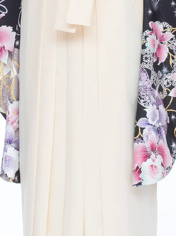 小学生卒業袴096L 黒 カトレア 絵羽/クリーム 無地