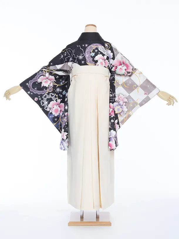 小学生卒業袴096L 黒 カトレア 絵羽/クリーム 無地