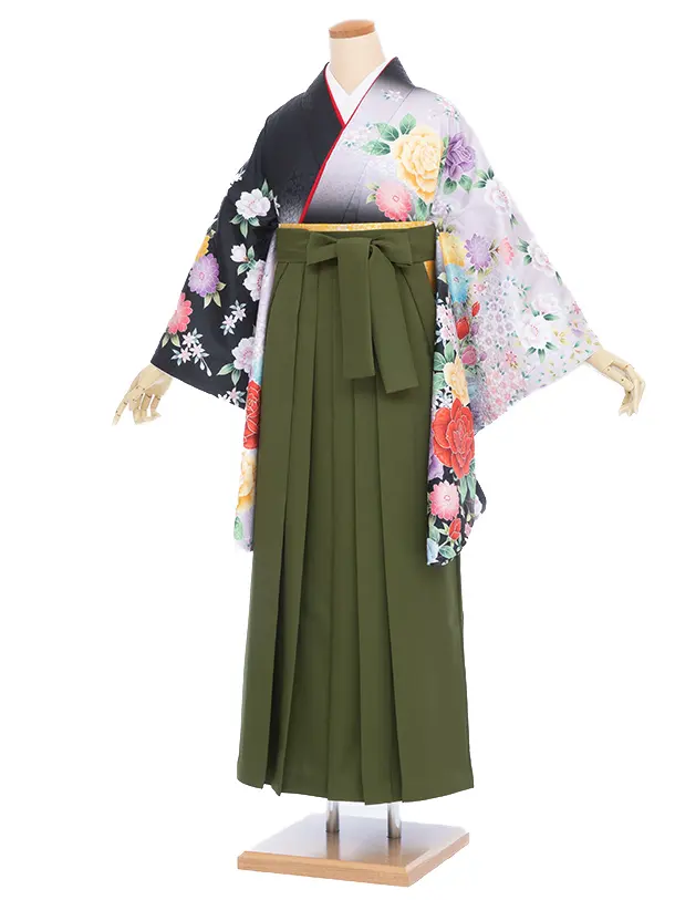 小学生卒業袴097L 黒 薔薇 絵羽/抹茶 無地