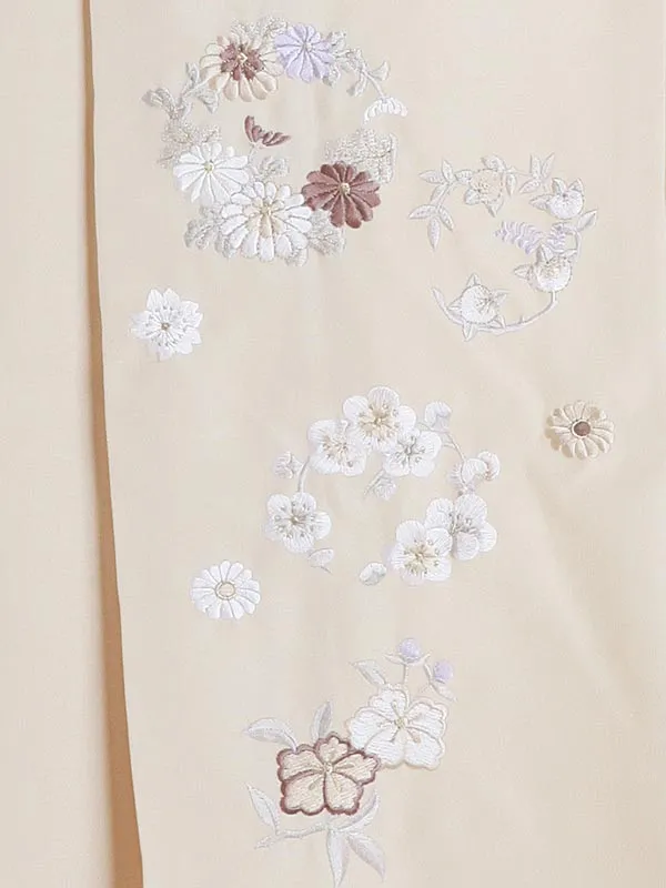 小学生卒業袴 099L オフホワイト　四季の花の丸/ベージュ　紐縞　花の丸
