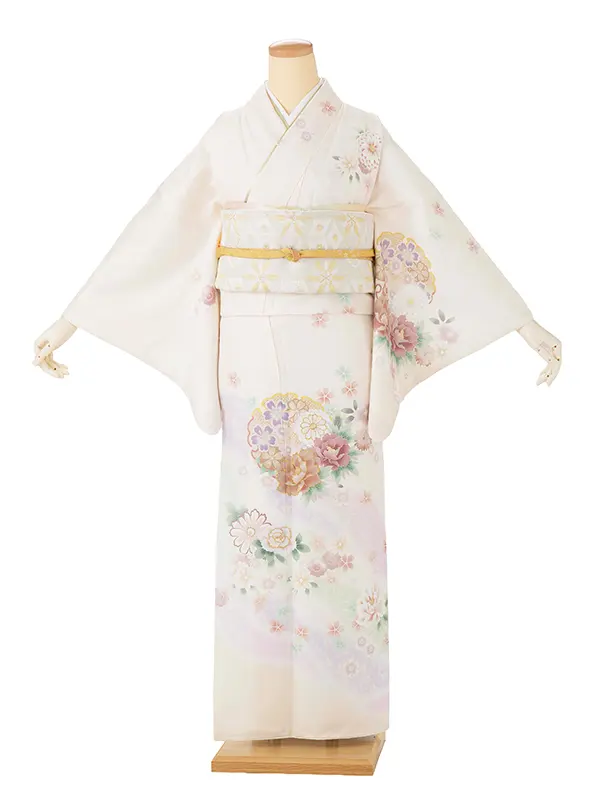 【夏用】 訪問着 単衣 クリーム 雪輪に牡丹・菊・桜