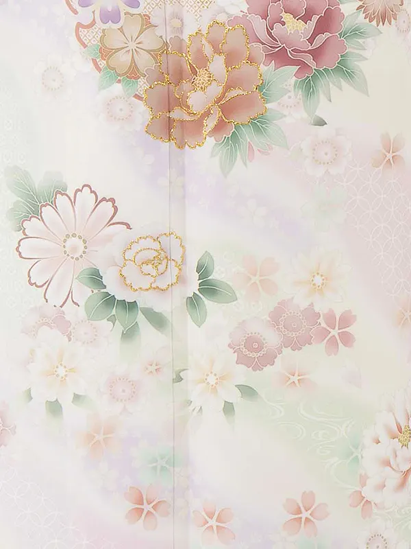 【夏用】 訪問着 単衣 クリーム 雪輪に牡丹・菊・桜