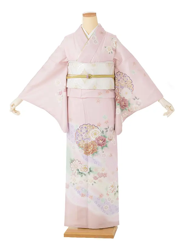 【夏用】 訪問着 単衣 ピンク 雪輪に牡丹・菊・桜