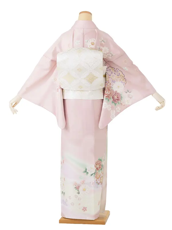 【夏用】 訪問着 単衣 ピンク 雪輪に牡丹・菊・桜