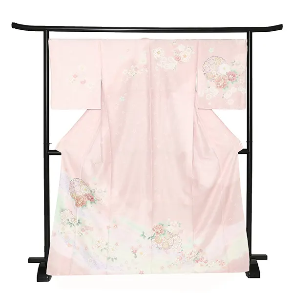 【夏用】 訪問着 単衣 ピンク 雪輪に牡丹・菊・桜