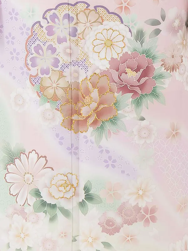 【夏用】 訪問着 単衣 ピンク 雪輪に牡丹・菊・桜