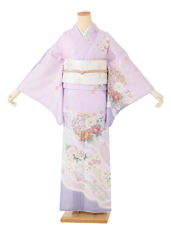 【夏用】 訪問着 単衣 ラベンダー 雪輪に牡丹・菊・桜