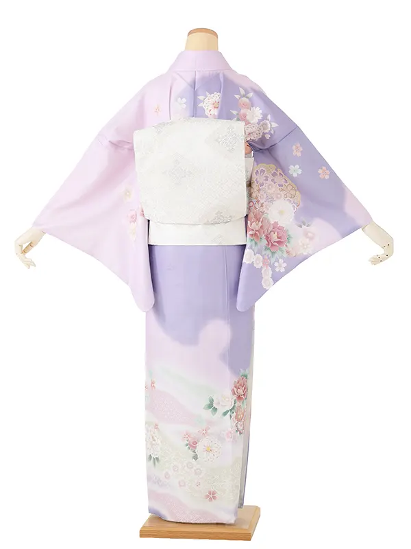 【夏用】 訪問着 単衣 ラベンダー 雪輪に牡丹・菊・桜
