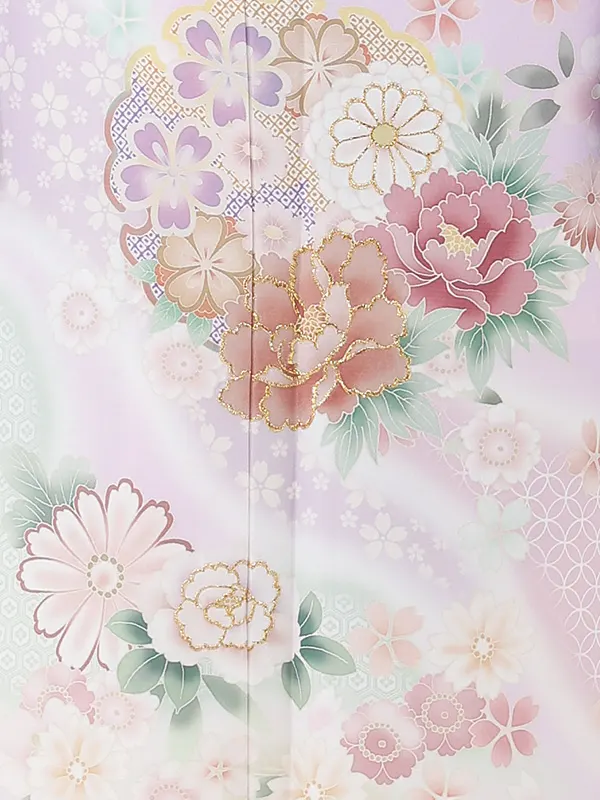 【夏用】 訪問着 単衣 ラベンダー 雪輪に牡丹・菊・桜