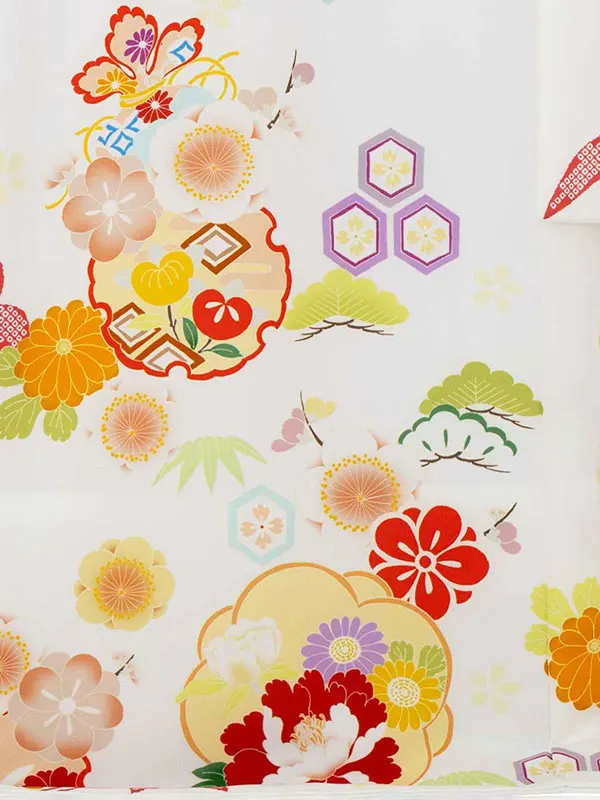 【夏用】女児単衣産着 2519 白 ねじり梅 牡丹に小槌