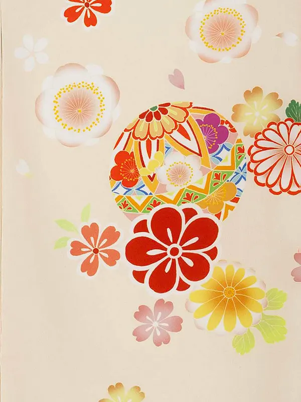 【夏用】女児単衣産着 2523 ベージュ 毬に梅・菊・桜