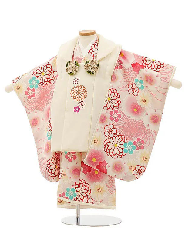 RENCA(3歳女児被布)3006クリーム 刺繍菊x薄ピンク 菊づくし