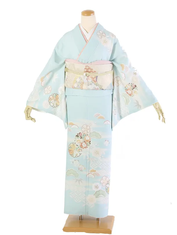 訪問着 水色 松にたちばな