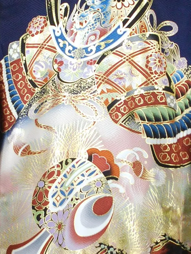 男産着【正絹】カブト　小槌　紺