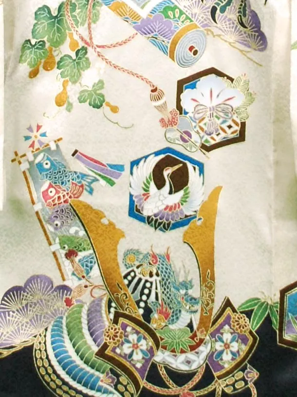 男児産着【正絹】【刺繍】タカにカブト　十徳　黒