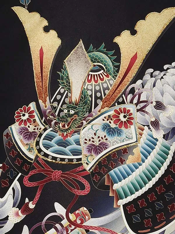 男産着【正絹】【刺繍】カブトに宝船　黒