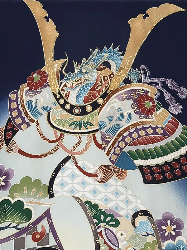 男産着【正絹】【刺繍】カブトに巻物　紺