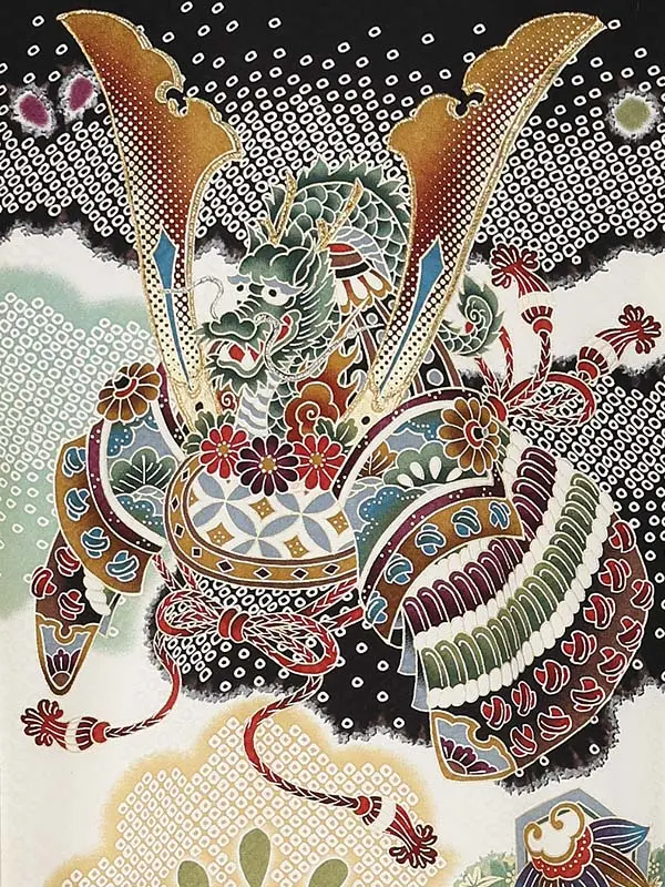 男産着【正絹】【刺繍】カブト　疋田風　黒