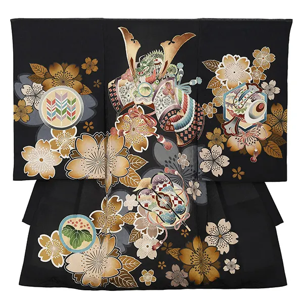 男産着【正絹】【刺繍】カブトに軍配　黒