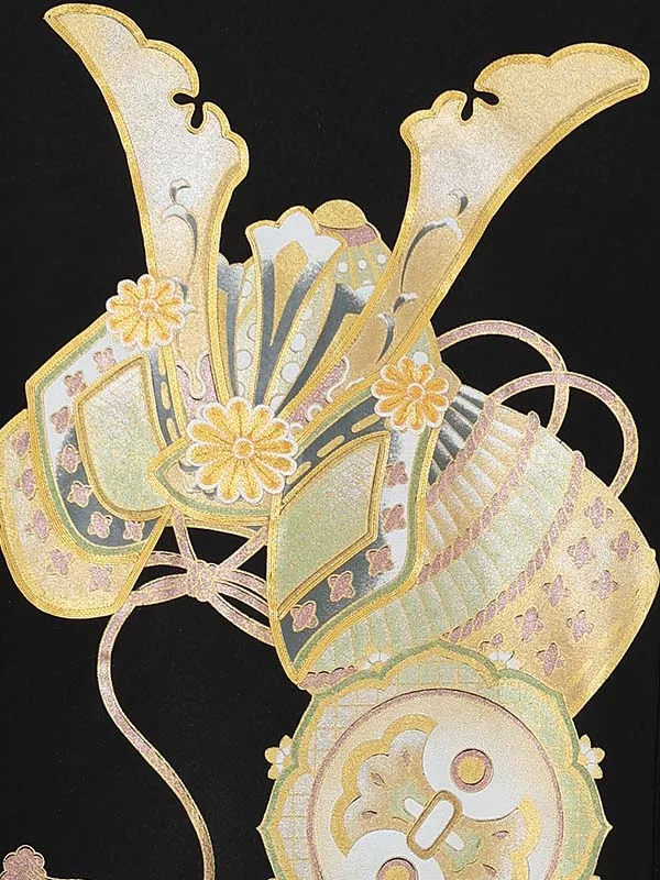 男産着【正絹】【刺繍】【金彩】カブト　黒