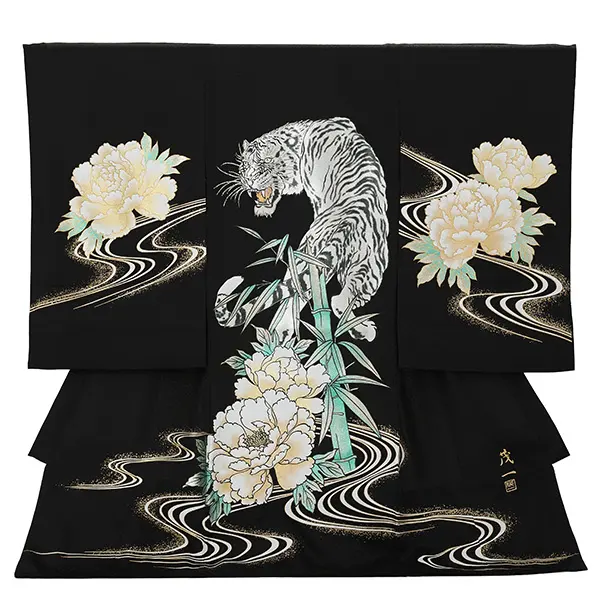 男産着【正絹】【刺繍】【金彩】銀虎　黒