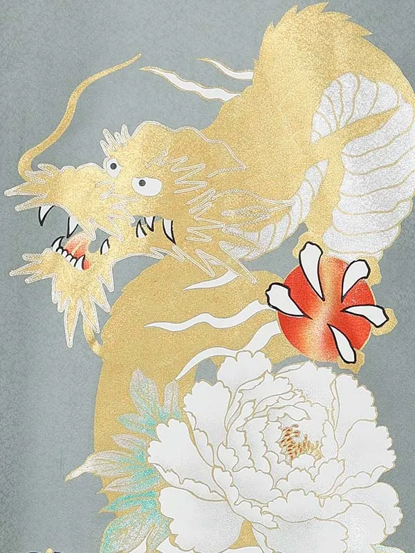 男産着【正絹】【刺繍】【金彩】金龍　グレー