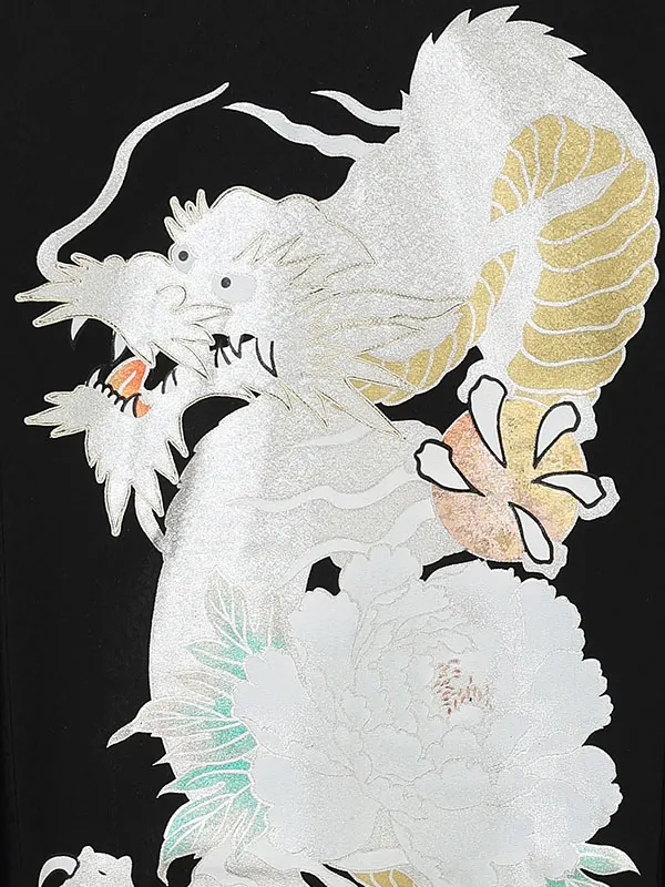 男産着【正絹】【刺繍】【金彩】銀龍　黒