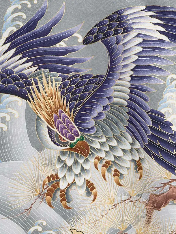 男児産着　タカ針松　グレー