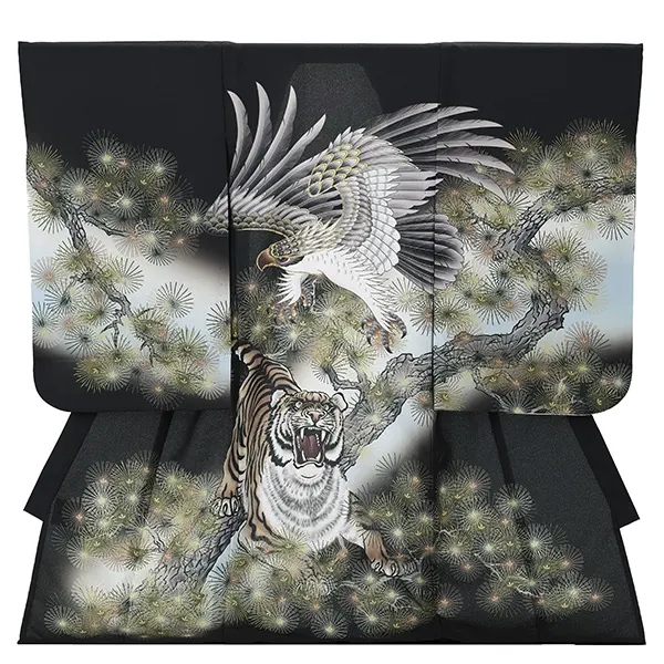 【夏用】【刺繍】男児産着 　単衣　タカに虎　黒