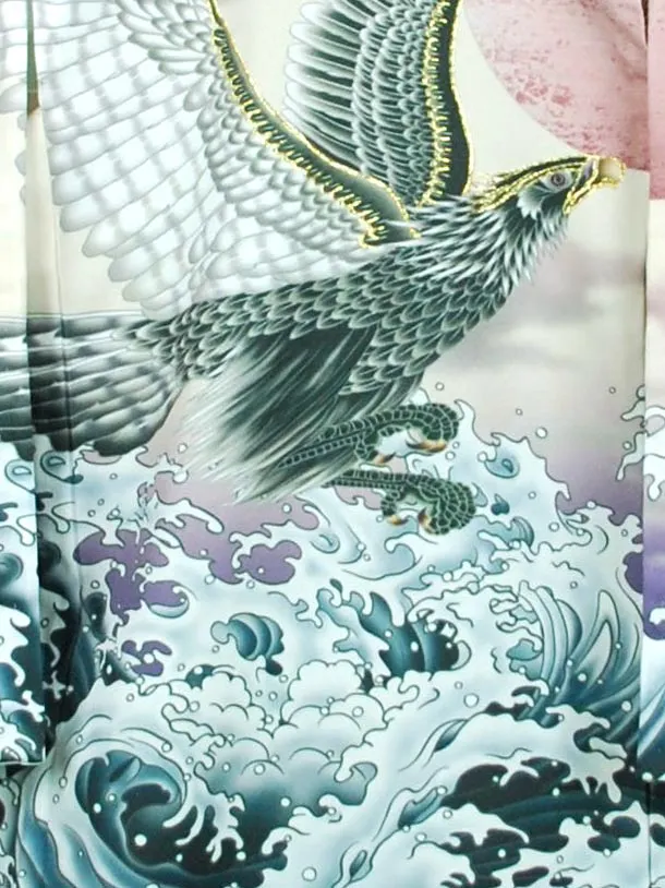 男児産着【夏用】【刺繍】タカ波　ベージュ