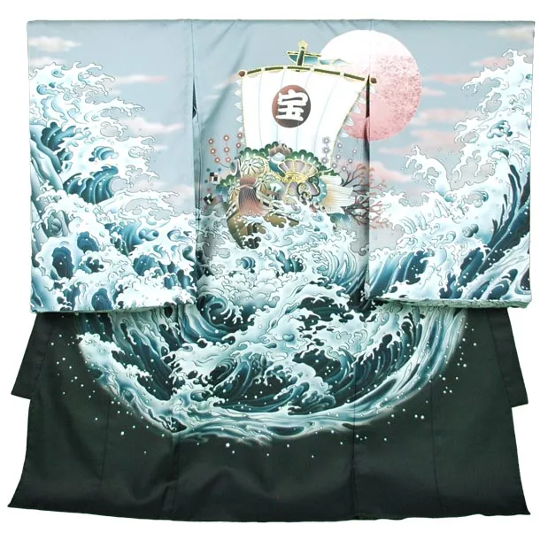男児産着【夏用】【刺繍】宝船　グレー