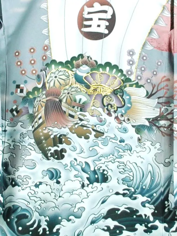 男児産着【夏用】【刺繍】宝船　グレー