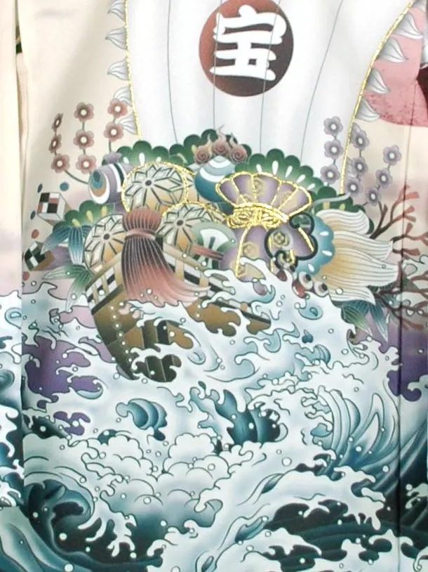 男児産着【夏用】【刺繍】宝船　ベージュ