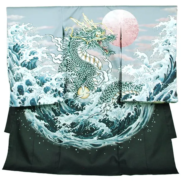 男児産着【夏用】【刺繍】龍　グレー
