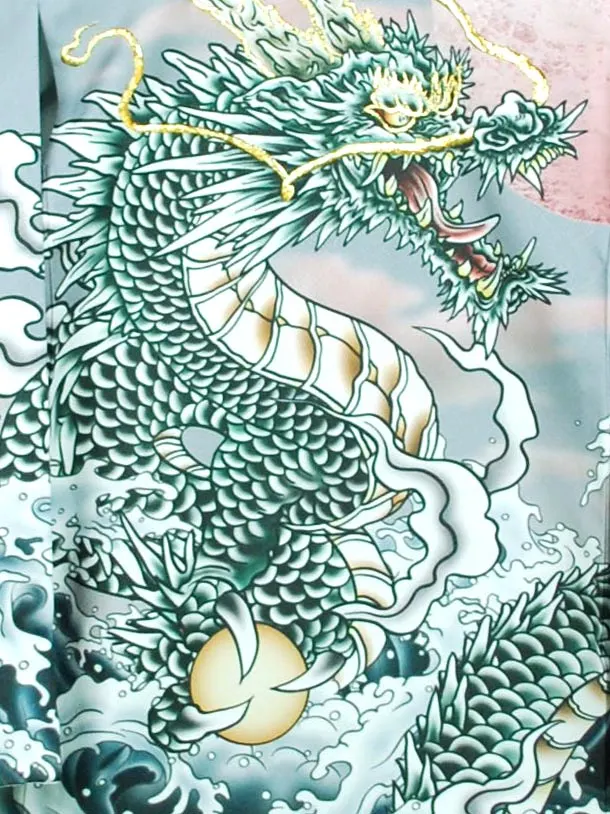 男児産着【夏用】【刺繍】龍　グレー