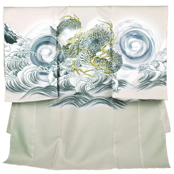 男児産着【夏用】【刺繍】龍　雲海　ベージュ