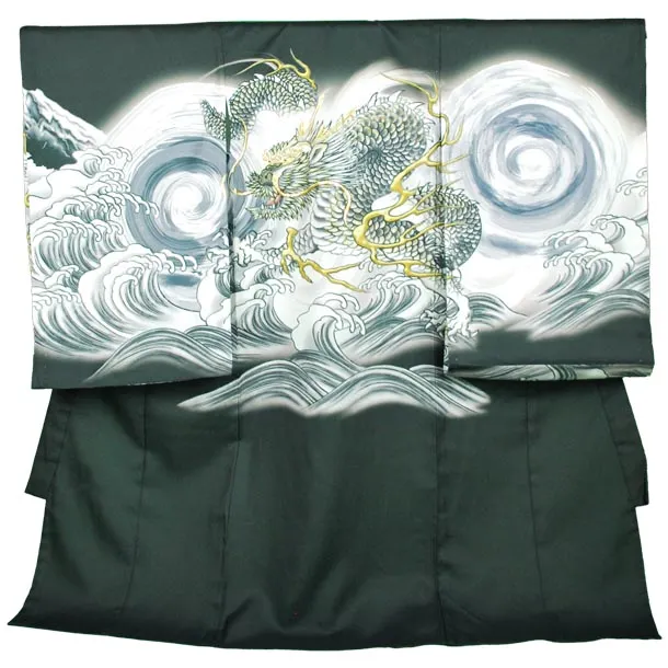 男児産着【夏用】【刺繍】龍　雲海　黒