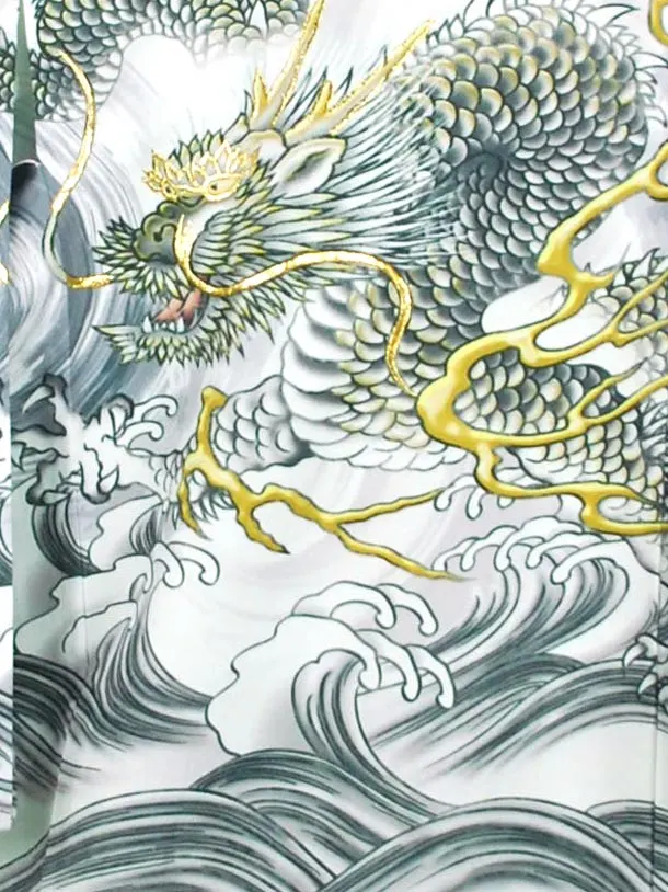 男児産着【夏用】【刺繍】龍　雲海　白