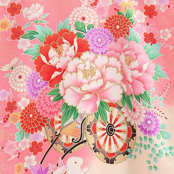 女児産着【正絹】【刺繍】ピンク　花車うさぎ