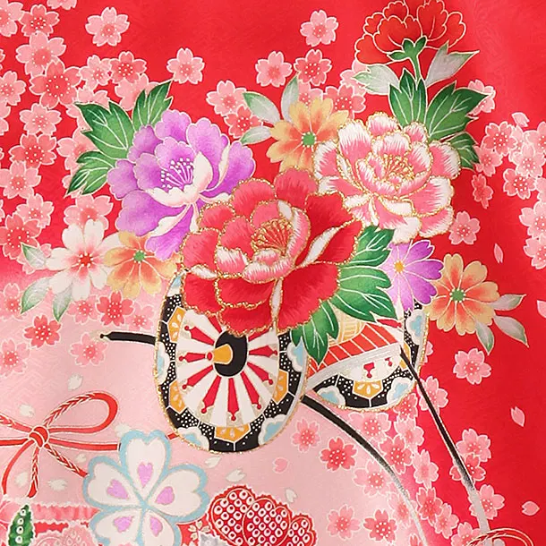 女児産着【正絹】【刺繍】赤　花車疋田