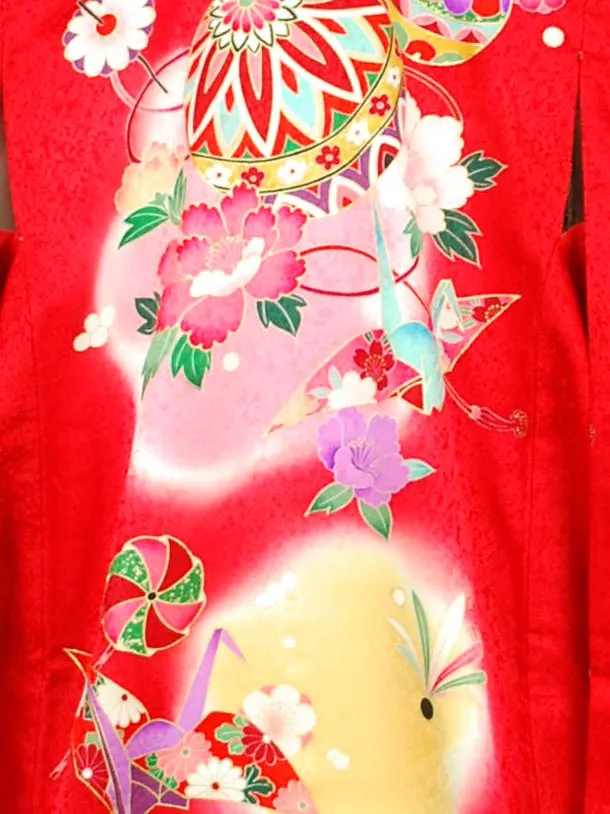 女児産着 【正絹】【京友禅】まり　織鶴　赤　