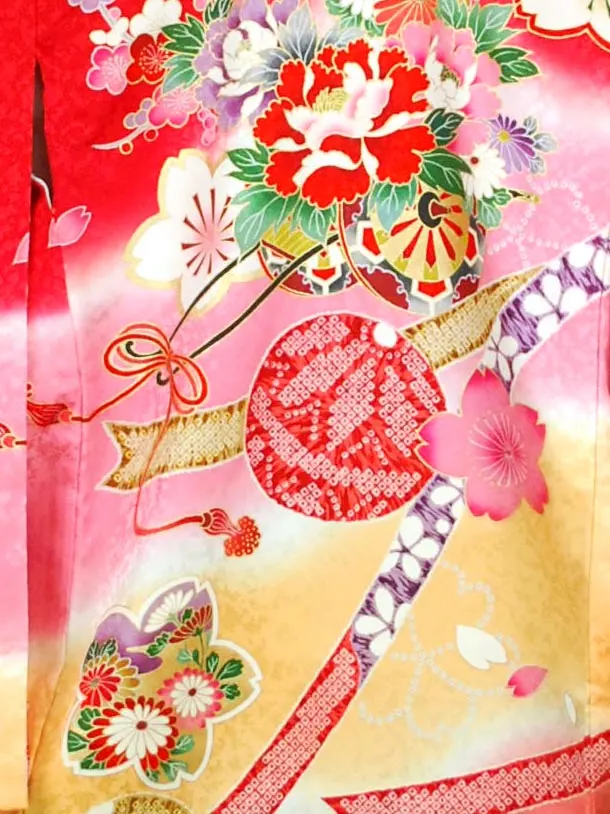 女児産着 【正絹】【京友禅】花車にテープ　赤　