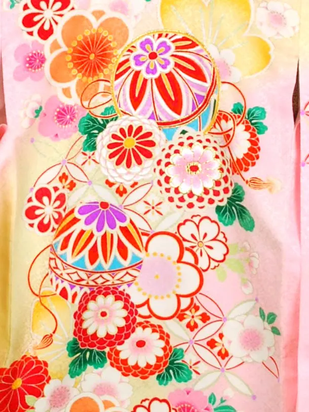 女児産着 【正絹】【刺?】まり　ピンク　