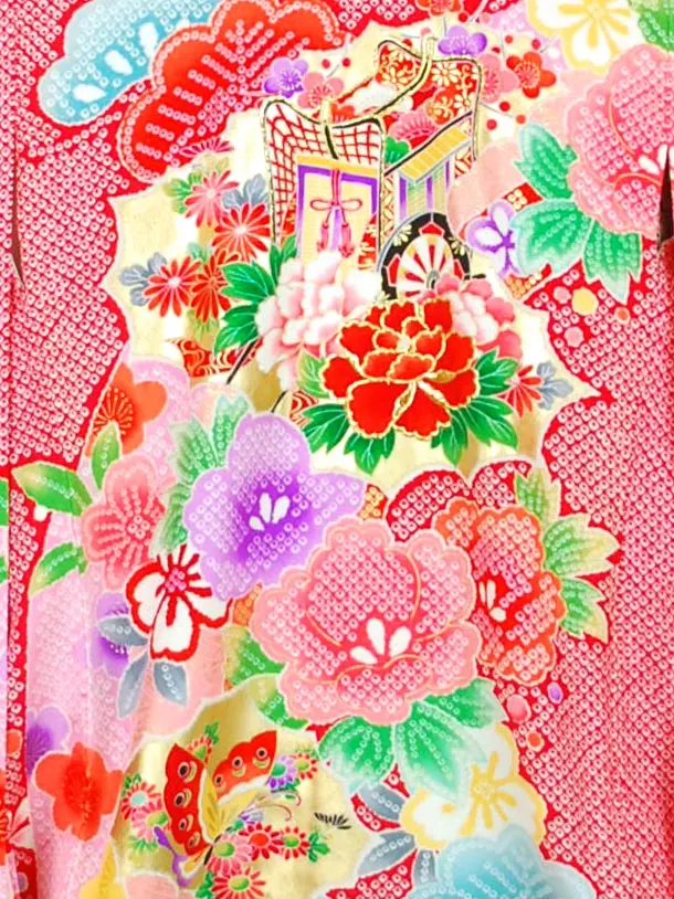 女児産着 【正絹】【刺?】御所車　疋田風　赤　