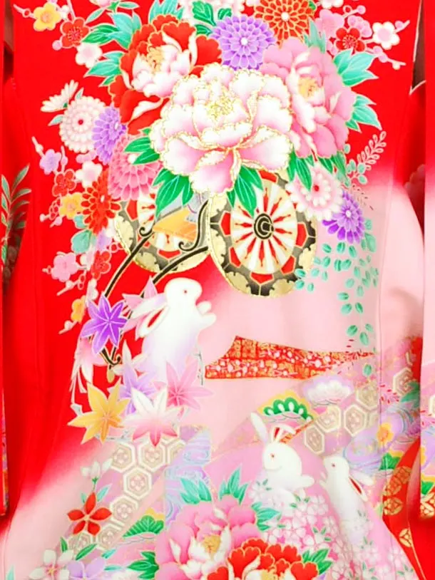 女児産着 【正絹】【刺?】花車にテープ　うさぎ　赤　