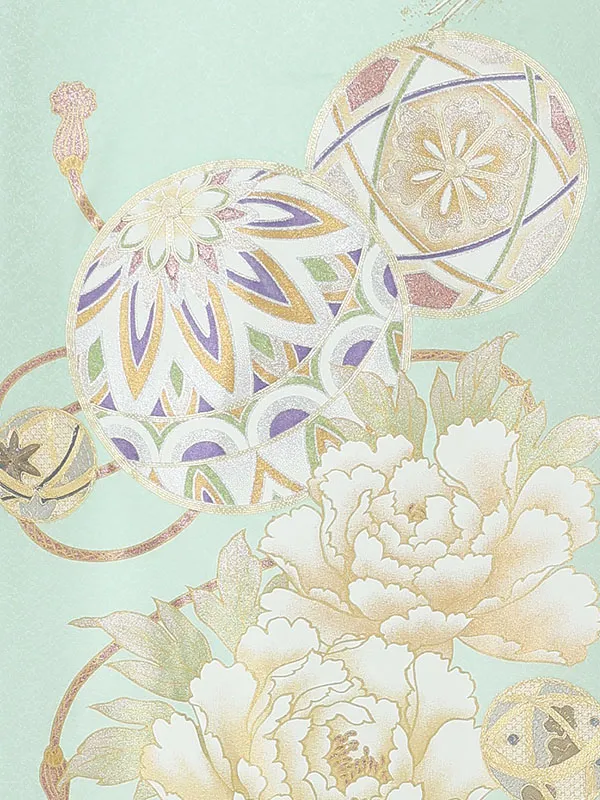 女児産着 【正絹】【刺繍】【金彩】まりグリーン