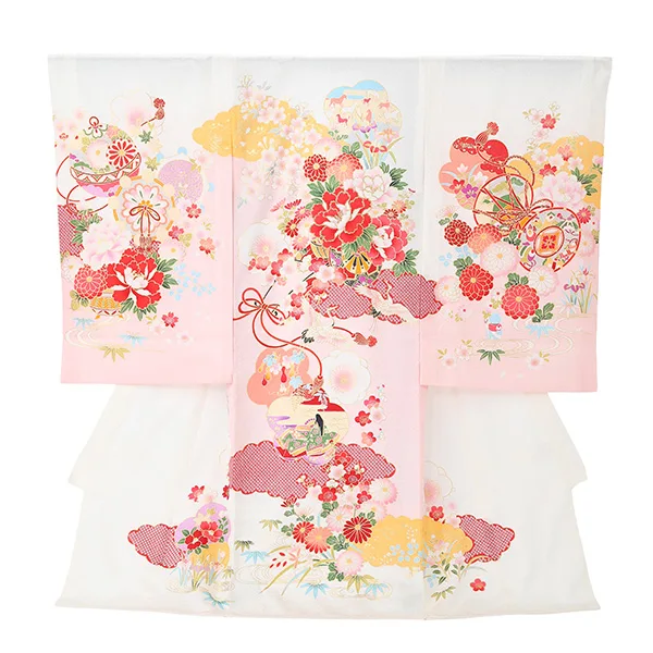 女児産着 【正絹】【刺繍】花車　白