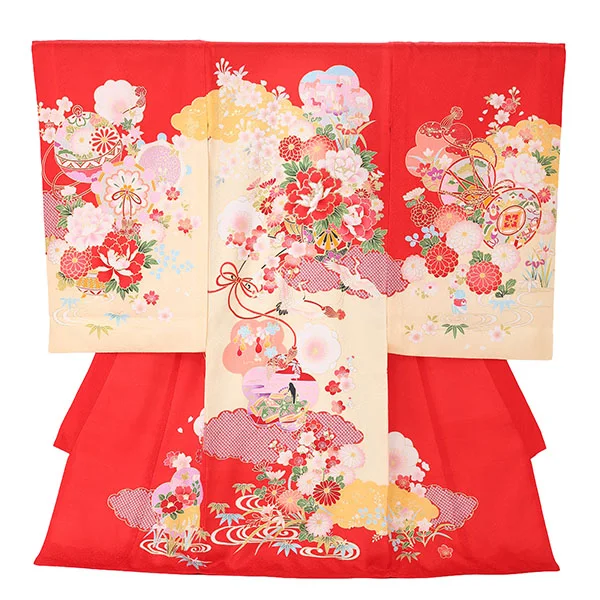 女児産着 【正絹】【刺繍】花車　赤
