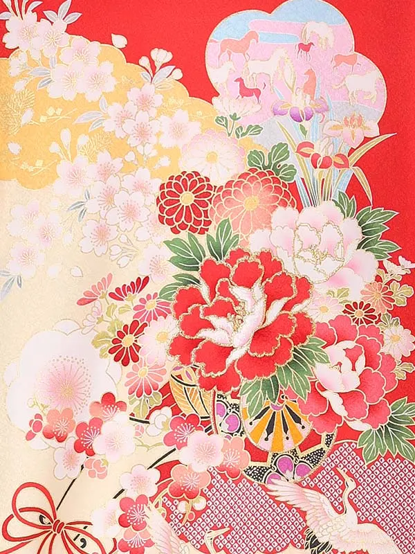 女児産着 【正絹】【刺繍】花車　赤